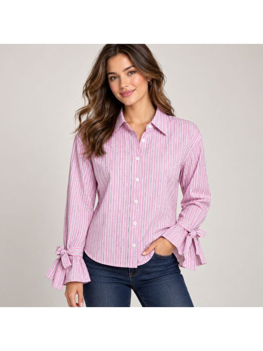 Able Los Angeles Pink Striped Rhinestone Tie Cuff Blouse Size Small